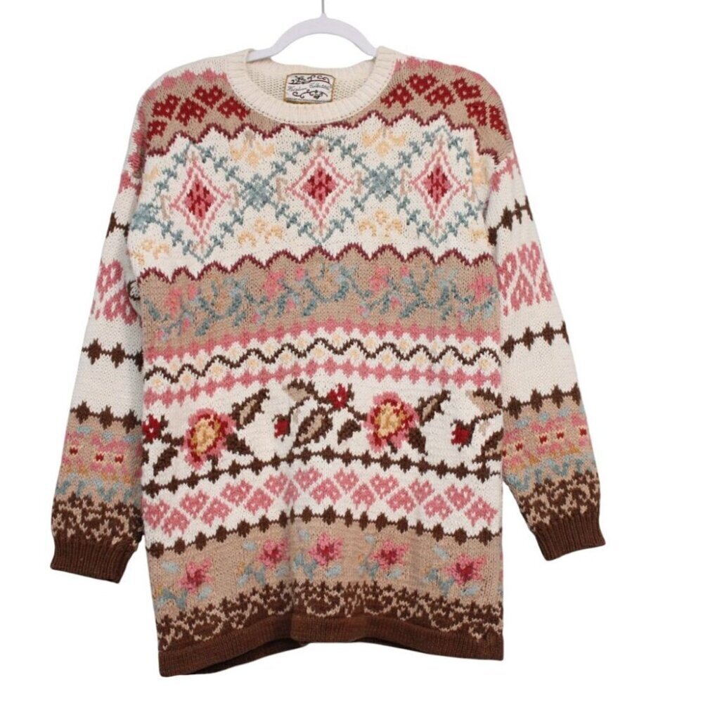 Vintage 90s Sweater Oversized Small Floral Grandmacore Chunky Knit Retro Ramie